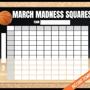 May include: Black and white printable March Madness squares game board with an orange basketball. The board has a space for team names and a grid of squares.