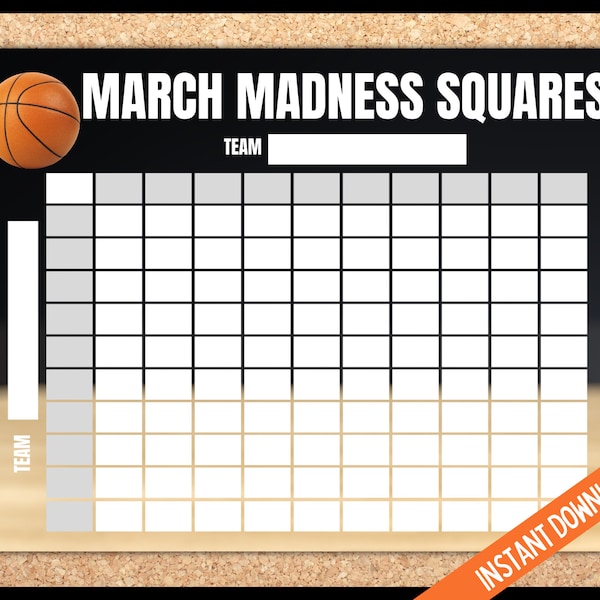 March Madness Game Squares Printable, NCAA Basketball Predictions, College Basketball Game, Basketball Tournament Squares, Fun Basketball