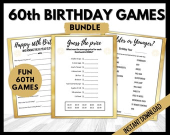 Paquete de juegos para la fiesta del 60.° cumpleaños, paquete de juegos para el cumpleaños de los años 60, juegos para el sexagésimo cumpleaños, mayor o menor, adivina el precio de los años 60, quién sabe