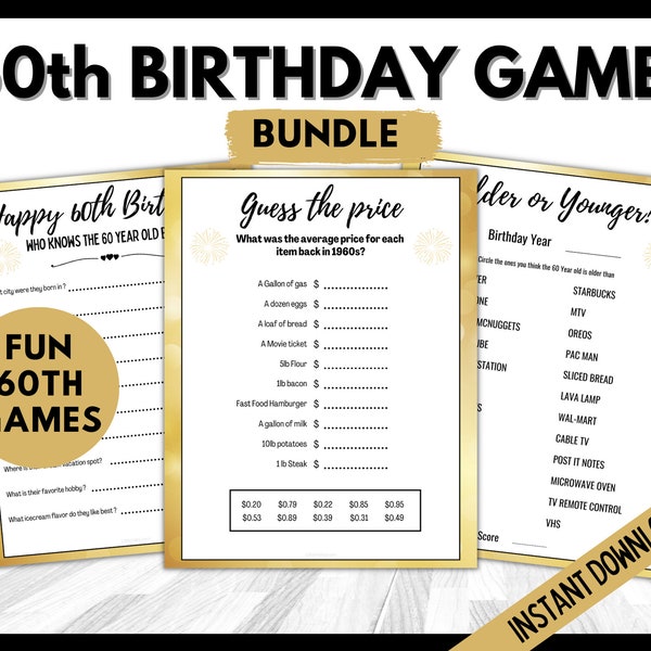 60th Birthday Party Games Bundle, 1960s Birthday Games Bundle, Sixtieth Birthday Games, Older or Younger, Guess the Price 1960s, Who Knows