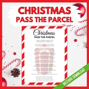 May include: A printable Christmas game instruction sheet with red and white stripes. The title is "Christmas Pass the Parcel". The instructions are written in a rhyming format.
