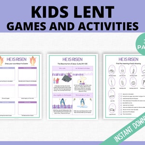 Op de afbeelding: Een printbare set van 30 pagina's met Lent-spellen en -activiteiten voor kinderen. De pagina's bevatten illustraties van Jezus en de discipelen, met activiteiten zoals het tekenen van een aftelkalender tot Pasen, het vinden van de betekenis van elke tekening en meer.