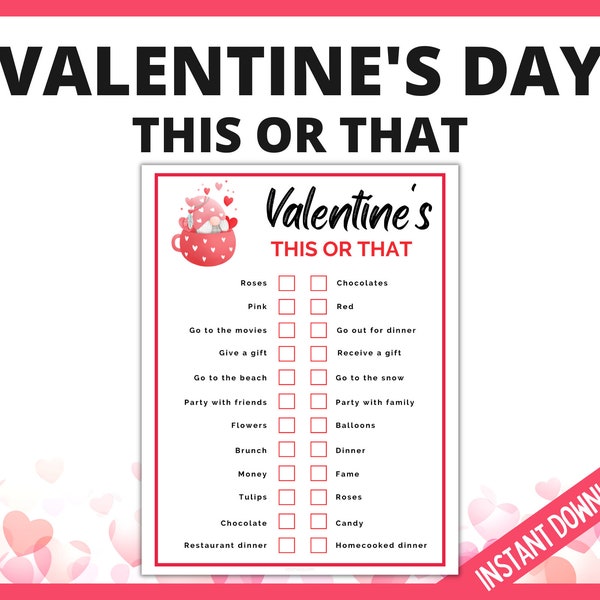 Valentine's Day This or That Game, Would You Rather Valentine's Day Game, Galentine's Day Party Games, Printable Valentines Day Games