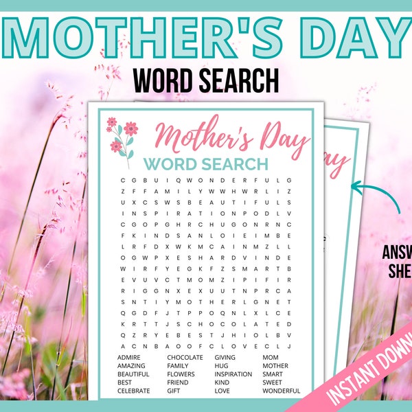 Mother's Day Word Search, Mother's Day Activity, Printable Mothers Day Games for Kids and Adults, Mom Party Game, Mama Word Search