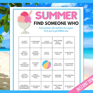Sommer Finde jemanden, Sommer druckbares Spiel, Icebreaker Spiel, Sommer Aktivität, Sommer Bingo, Finde den Gast, Sommer Kinder Spiel