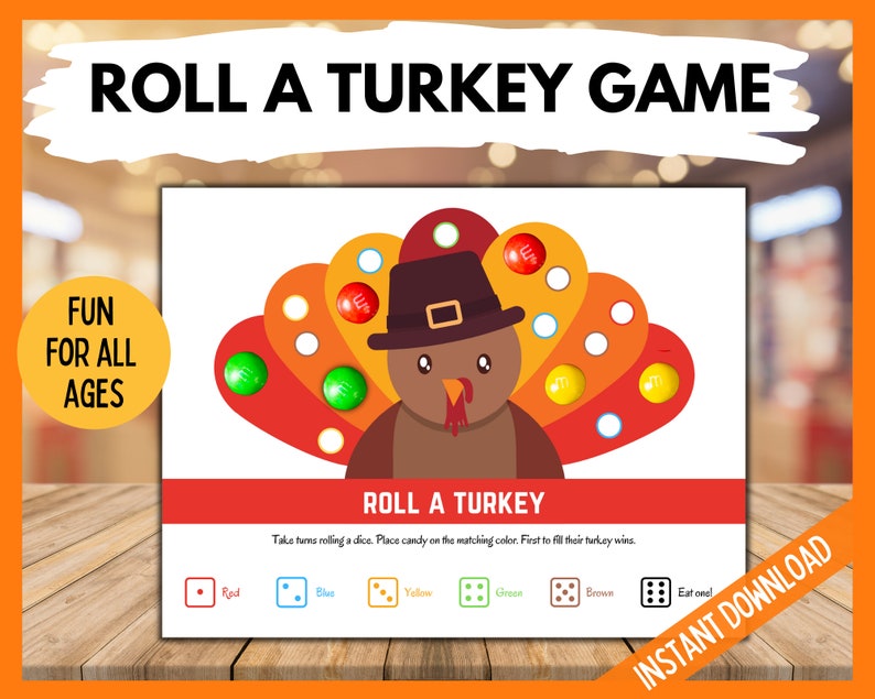 Roll a Turkey Dice Game, Thanksgiving Printable Games, Turkey Game for Kids, Friendsgiving Turkey Candy Dice Game, Kids Holiday Dice Game image 1