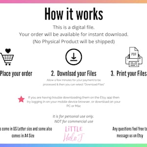 Puede incluir: Una gu&iacute;a de descarga digital con tres pasos: realizar un pedido, descargar los archivos e imprimir los archivos. La gu&iacute;a incluye iconos para un carrito de compras, una flecha de descarga y una impresora. El texto tambi&eacute;n menciona que los archivos vienen en tama&ntilde;o carta de EE. UU. y A4.