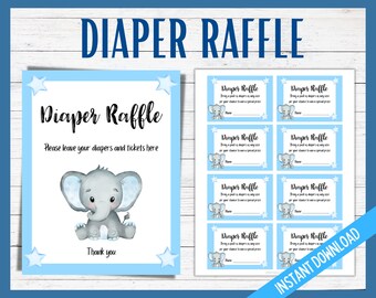 Baby Shower Diaper Raffle, Printable Baby Shower Diaper Raffle Tickets and Sign, Baby Elephant Blue Diaper Raffle Cards, DIY Diaper Raffle