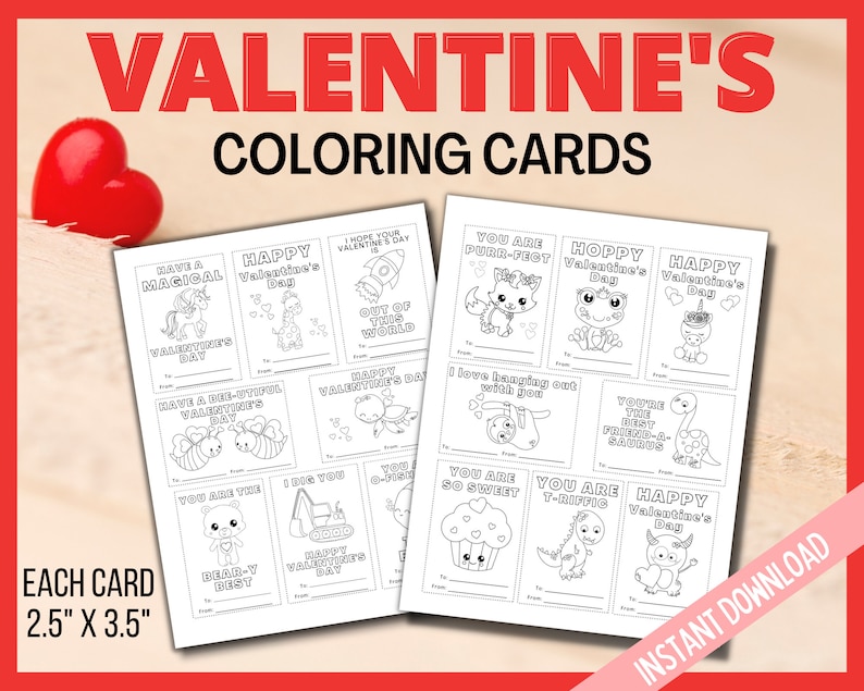 Valentine Coloring Cards, Printable Valentine's Day Cards, Kids Valentines Cards, Printable Coloring Valentines Cards, Classroom Cards image 5