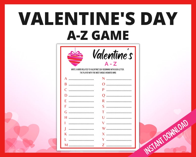 Valentine's Day A-Z Game, Valentine's Day Game, Galentine's Day Party Games, V-Day Games, Fun Valentines Day Games, Valentines Printables image 1