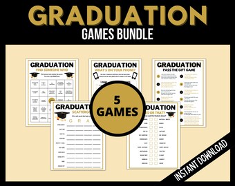 Puede incluir: Un conjunto de cinco juegos de fiesta de graduación imprimibles. Los juegos incluyen "Encuentra a alguien que", "¿Qué hay en tu teléfono?", "Pasa el regalo", "Scattergories" y "Esto o aquello". Los juegos están impresos en papel blanco con texto negro y un gráfico de gorro de graduación dorado.