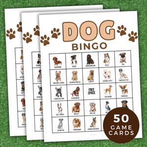 Bingo de razas de perros, juego de fiesta de perros, 50 tarjetas de bingo de juegos de perros imprimibles, cachorro, juego de cumpleaños, actividad con temática de perros, juego de mascotas