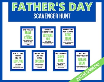 Father's Day Treasure Hunt Clue Cards, Fathers Day Scavenger Hunt, Daddy fun games, Dad activities, Family Fun Clue Cards, Blue - Lime Green