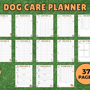 May include: A dog care planner with 37 pages, featuring various trackers for pet health, activities, and contacts. The planner includes sections for pet journals, health records, and schedules, all decorated with dog-themed illustrations.