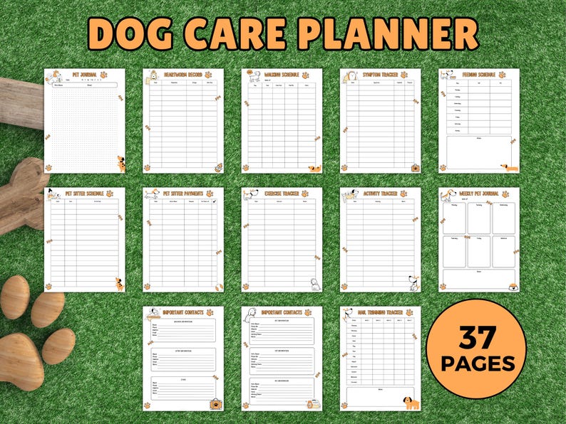 May include: A dog care planner with 37 pages, featuring various trackers for pet health, activities, and contacts. The planner includes sections for pet journals, health records, and schedules, all decorated with dog-themed illustrations.