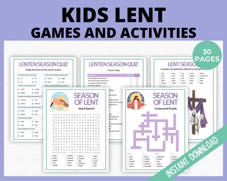 Op de afbeelding: Een printbare set van 30 pagina's met Lent-thema spellen en activiteiten voor kinderen. De pagina's bevatten een woordzoeker, een kruiswoordpuzzel en quizzen. De pagina's zijn versierd met paarse en witte bloemen, een kruis en een afbeelding van Jezus.