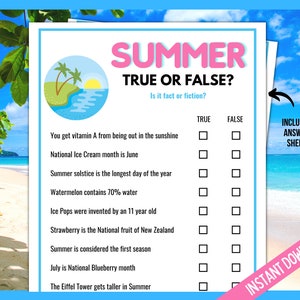 Summer Trivia Game, Summer True or False, Summer Fact or Fiction Game, Summer Printable Games, Summer Party Games, Summer Family Quiz Print