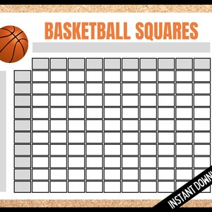 Puede incluir: Juego de cuadrados de baloncesto imprimible con un gráfico de baloncesto negro y naranja y el texto "Basketball Squares" en la parte superior. El tablero de juego tiene un fondo gris y líneas negras.