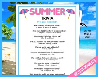 Summer Trivia Game, Summer Trivia Quiz, Summer Games, Summer Printable Games, Summer Party Games, Summer Family Quiz Printable