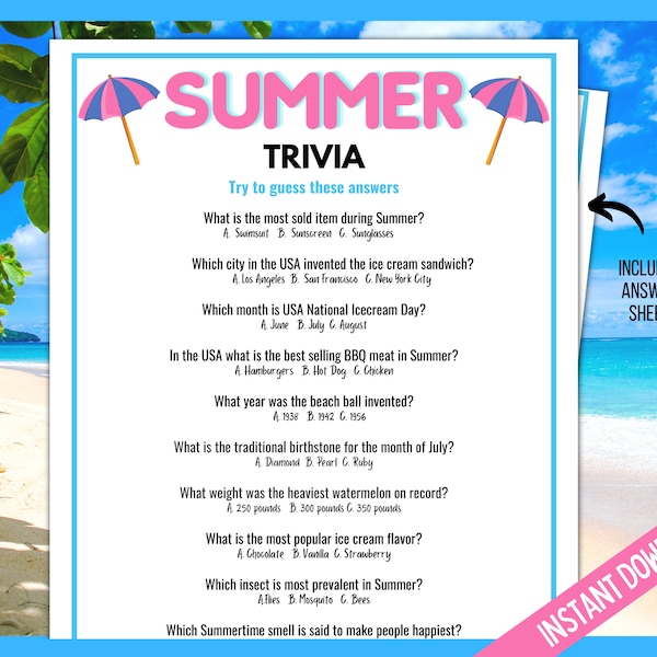 Summer Trivia Game, Summer Trivia Quiz, Summer Games, Summer Printable Games, Summer Party Games, Summer Family Quiz Printable