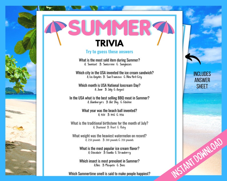K&ouml;nnte beinhalten: Ein druckbares Sommer-Quizspiel mit Fragen zu den beliebtesten Sommerartikeln, der Geschichte des Eiscremsandwiches und der schwersten Wassermelone aller Zeiten. Das Spiel enth&auml;lt ein L&ouml;sungsblatt und steht zum sofortigen Download bereit.