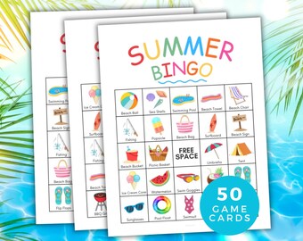 Sommer Bingo Spiel, Sommer Bingo Spiel, Sommer Bingo Spiel, 50 druckbare Sommer Bingo Karten, Tropische oder Strand Motto Party Aktivität, Sommer Geburtstag Gruppenspiel