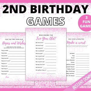 Second Birthday Party Games, Who Knows the Two year old, Hopes and Wishes Party Game, Make a Word Game, 2nd Birthday Party Games, Pink