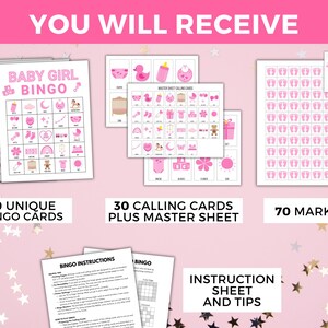 Baby Girl Bingo, Pink Baby Bingo, 50 Printable Baby Shower Bingo Cards ...