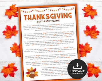 May include: A Thanksgiving-themed printable game with a colorful illustration of a turkey. The game is called "Left-Right Game" and features a story about a group of turkeys trying to escape from a farm before Thanksgiving.