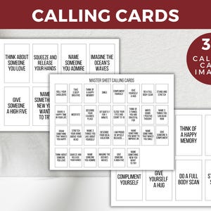 Puede incluir: Un conjunto imprimible de 30 tarjetas de llamada con indicaciones para actividades de cuidado personal y atenci&oacute;n plena. Las tarjetas presentan texto negro sobre fondo blanco y est&aacute;n organizadas en una cuadr&iacute;cula.