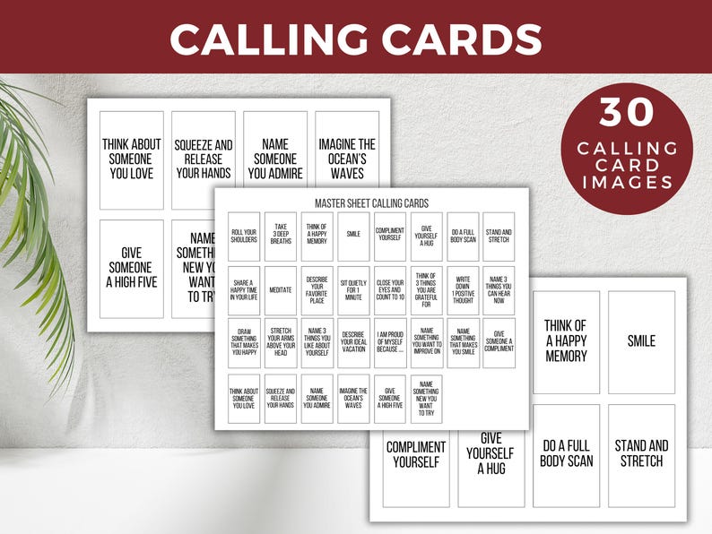 Puede incluir: Un conjunto imprimible de 30 tarjetas de llamada con indicaciones para actividades de cuidado personal y atenci&oacute;n plena. Las tarjetas presentan texto negro sobre fondo blanco y est&aacute;n organizadas en una cuadr&iacute;cula.