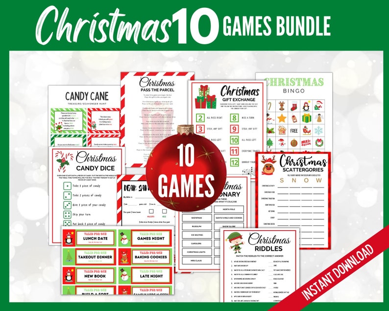 Christmas Games Bundle, Xmas Party Games Bundle Printables, Christmas Party Games, Holiday Games For Kids, 10 Printable Xmas Games image 1