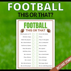 Printable Football This or That Game, Football Party Games, Sunday Football, Football Party Games, Football Sunday, Football Activity