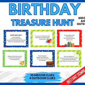 Birthday Treasure Hunt Clues, Birthday Scavenger Hunt Clues, Kids Indoor Party Clues, Printable Birthday Party Games, Outdoor Birthday Clues