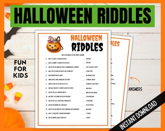 May include: A printable Halloween-themed game for kids. The game features a pumpkin with candy and the text "Halloween Riddles". The game asks players to match riddles to the correct answers. The answers are listed on a separate page.