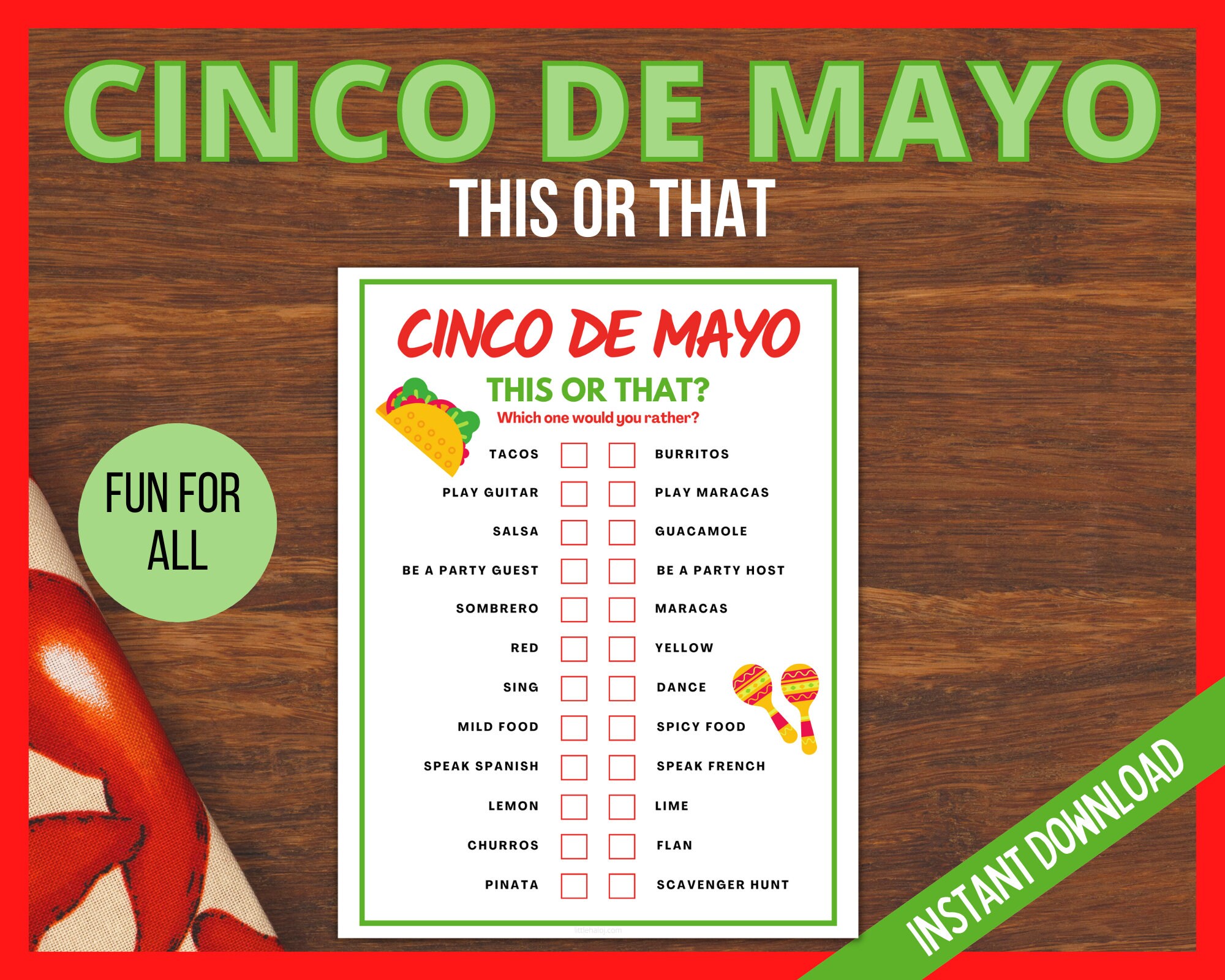 Cinco de Mayo This or That Game, Cinco de Mayo Printable Game, Mexican Fiesta, Cinco de Mayo Activity for teens, kids, adults