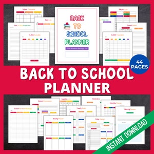 May include: A collection of printable school planners with various layouts, including timetables, schedules, and goal trackers. The cover features the text "Back to School Planner" with an apple and book graphic. The planner includes 44 pages and is available for instant download.
