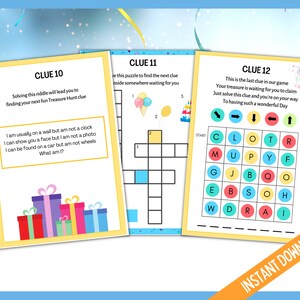May include: Three colourful cards with the words "Clue 10", "Clue 11", and "Clue 12" printed on them. Each card has a different puzzle or riddle to solve. Clue 10 has a riddle about a clock, Clue 11 has a crossword puzzle, and Clue 12 has a word search puzzle.