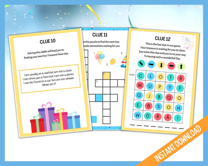 May include: Three colourful cards with the words "Clue 10", "Clue 11", and "Clue 12" printed on them. Each card has a different puzzle or riddle to solve. Clue 10 has a riddle about a clock, Clue 11 has a crossword puzzle, and Clue 12 has a word search puzzle.