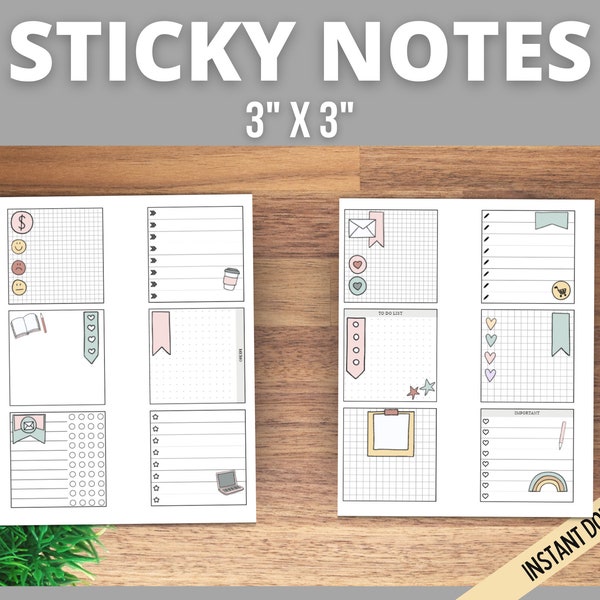 Planner Sticky Notes, 12 Minimalist Printable Sticky Notes, To Do List, Memo, Ink Friendly Sticky Notes, 3x3 inch