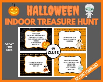 May include: A printable Halloween treasure hunt game for kids with 19 clues. The game features orange and black colors with a spooky theme. The clues are printed on cards with images of pumpkins, ghosts, and mummies.