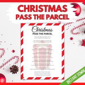 May include: Printable Christmas game instructions with red and white candy cane stripes on the border. The instructions are for a game called "Christmas Pass the Parcel". The text includes instructions for passing the parcel to different people based on their characteristics, such as the youngest person, the person with the biggest car, the person with the smallest shoe, the tallest person, the person wearing red, the person closest to the Christmas tree, the person who loves Christmas the most, and the person with brown eyes. The text also includes instructions for passing the parcel 6 times left and right and then holding on tight if it lands on you. The text ends with "You are the lucky winner my friend."