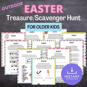 Peut inclure: Une chasse au trésor d'Easter imprimable pour les enfants plus âgés. Les cartes colorées présentent des indices avec des puzzles et des énigmes à résoudre. Les indices sont numérotés de 1 à 10. Les cartes ont une bordure rayée rose, jaune et bleue.