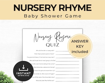 Minimalist Baby Shower Game, Nursery Rhyme Quiz, Gender Neutral Party Game, Modern Black and White Babyshower, Baby Boy, Baby Girl