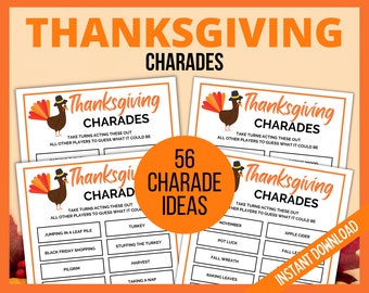 Thanksgiving Charades, Thanksgiving Printable Games, Family Game, Thanksgiving Activity, Fun Charades Game. Thanksgiving Party Games