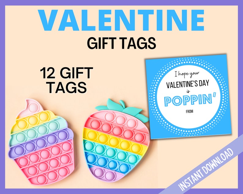 Valentine's Day Blue Poppin Gift Tags, Valentines Day Pop It Gift Tags, Valentines Day Cards, Printable Valentines Day Pop It Square Tags image 1