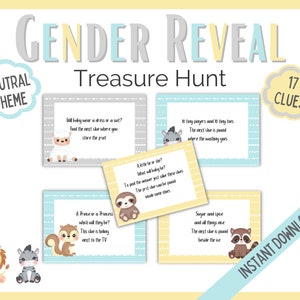 Neutre - Indices de chasse au trésor de révélation de genre, chasse au trésor de révélation de genre, jeux de partie de révélation de sexe de douche de bébé, chasse au trésor de douche de bébé