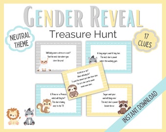 Neutral - Gender Reveal Treasure Hunt Clues, Gender Reveal Scavenger Hunt, Baby Shower Gender Reveal Party Games, Baby Shower Treasure Hunt