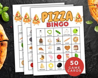Bingo de pizza, actividad de pizza, cumpleaños de pizza, juego de bingo para niños, diversión en el aula, juego con temática de cocina, 50 tarjetas de bingo para fiestas de pizza imprimibles