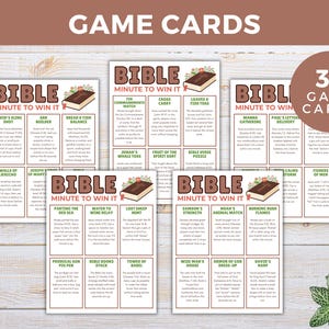 以下が含まれることがあります： 茶色と白のデザインで「Bible Minute to Win It」というタイトルの、聖書をテーマにした30枚のゲームカードのセット。カードにはさまざまな課題やアクティビティがあり、家族でのゲームナイトに最適です。